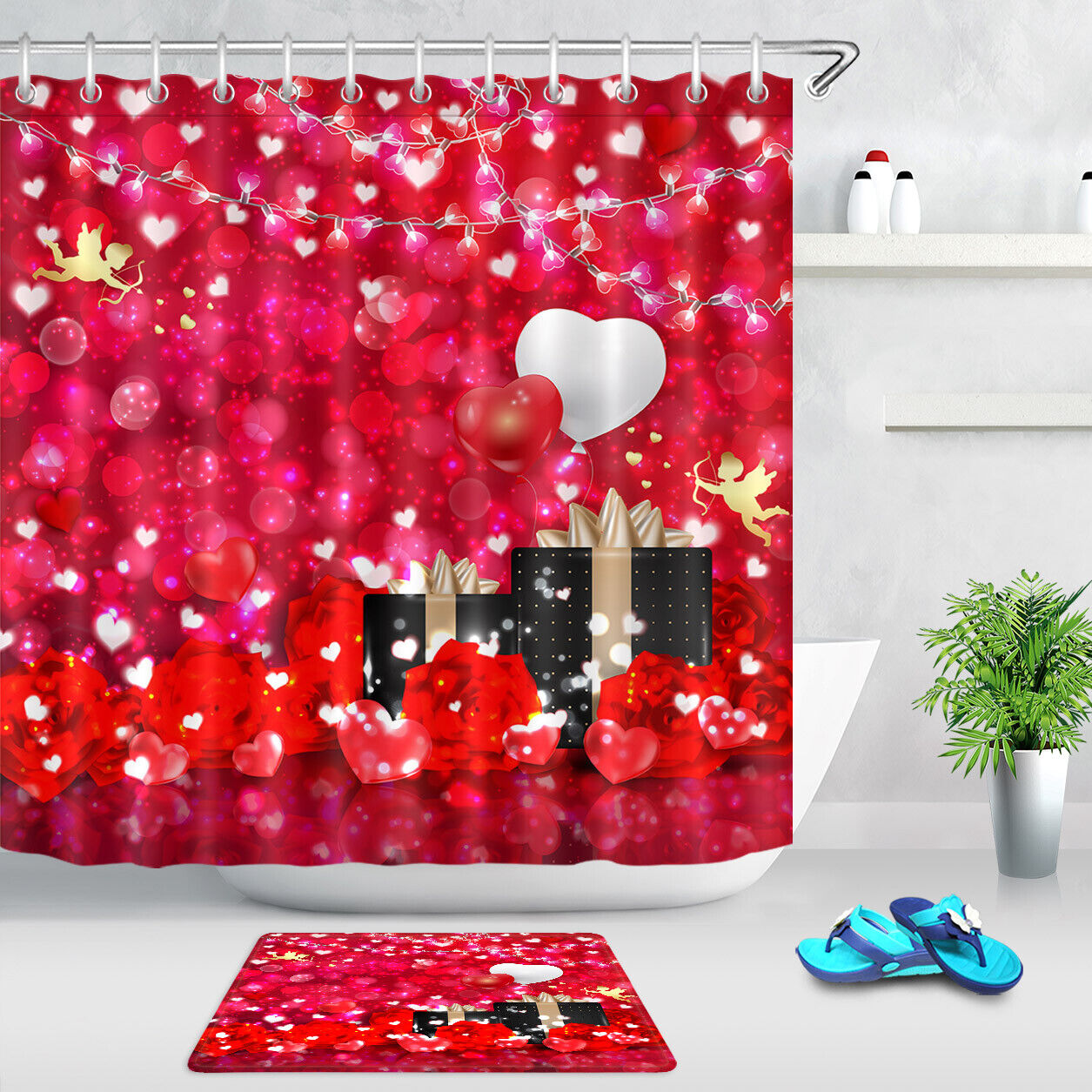 Red Roses Hearts Light Spots Valentine's Day Shower Curtain for Bathroom Decor