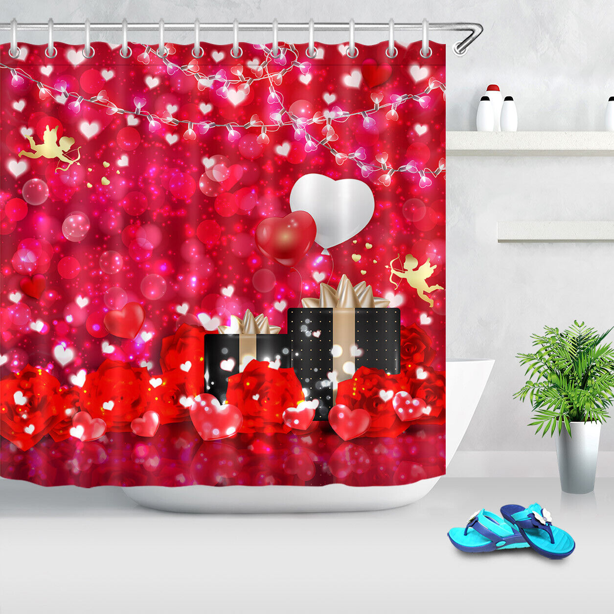 Red Roses Hearts Light Spots Valentine's Day Shower Curtain for Bathroom Decor