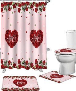 Red Roses Love Heart Ombr Shower Curtain | Valentine's Day Pink Romance Fabric Bathroom Decor