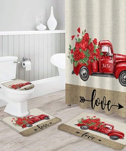 Red Roses Truck Farmhouse Love Burlap Bathroom Shower Curtain