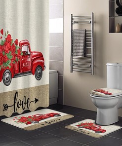 Red Roses Truck Farmhouse Love Burlap Bathroom Shower Curtain