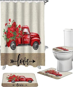 Red Roses Truck Farmhouse Love Burlap Bathroom Shower Curtain