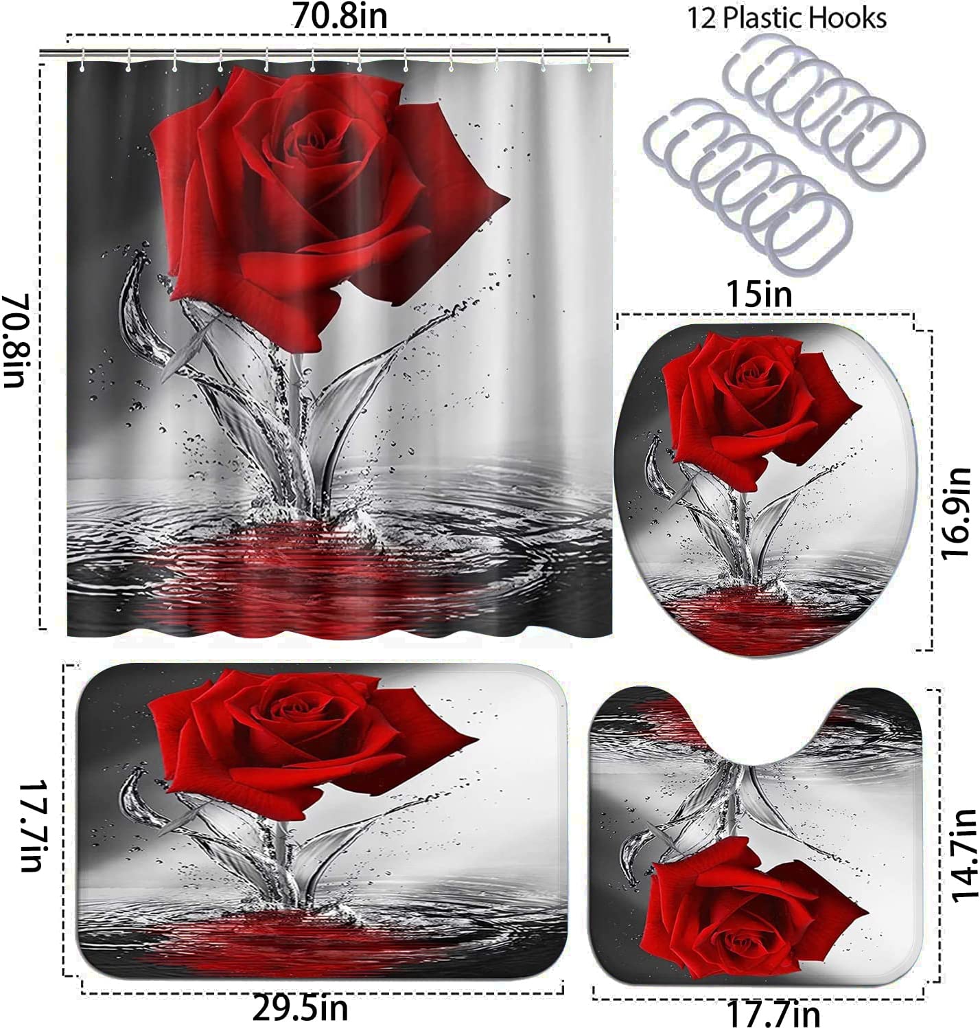 Red Roses Water Shower Curtain with Floral Pattern for Mother's Day Bathroom Decor