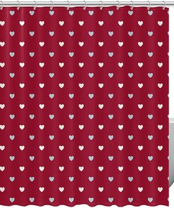 Red Shower Curtain with White and Blue Hearts - Romantic Bathroom Decor