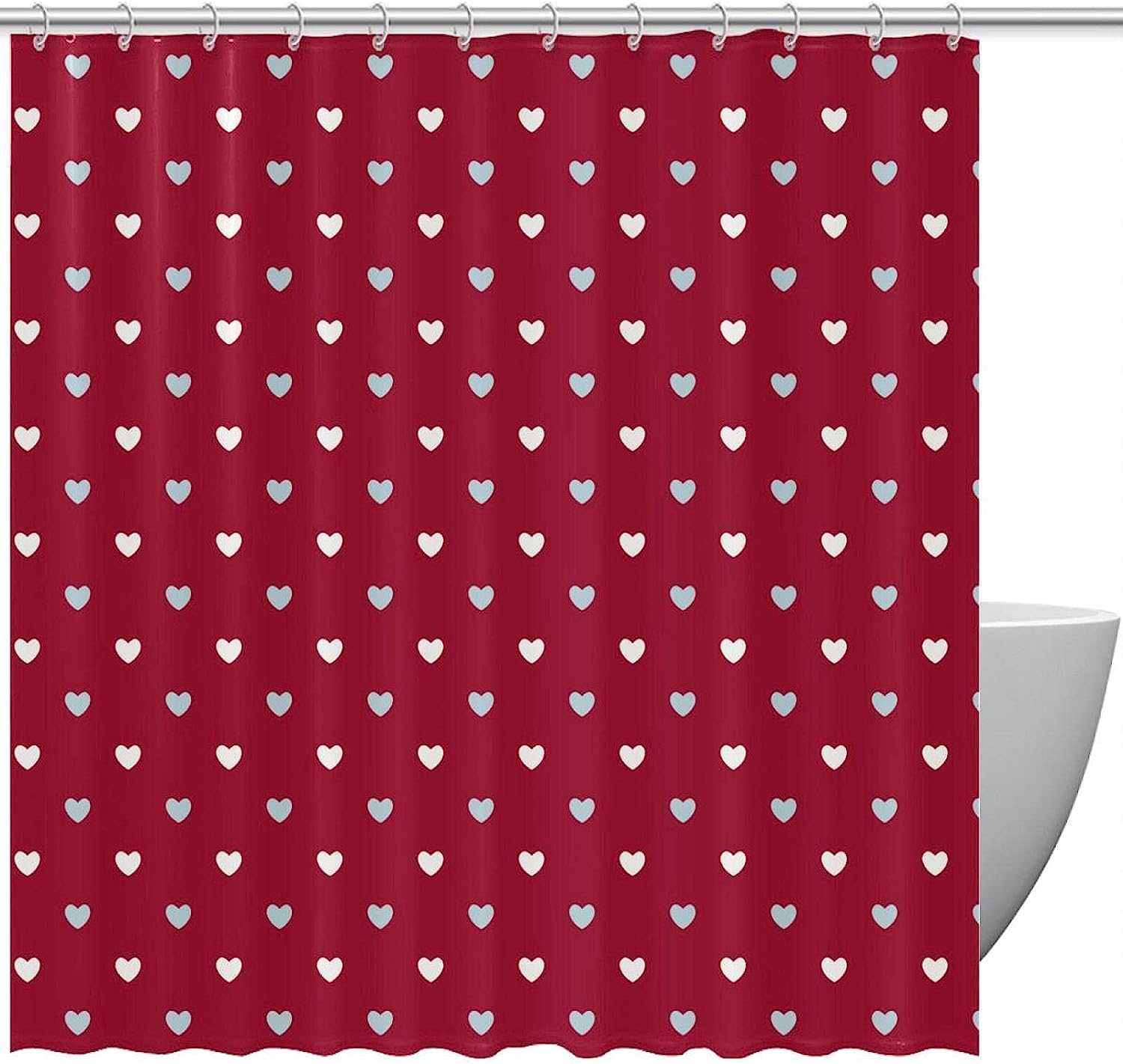 Red Shower Curtain with White and Blue Hearts - Romantic Bathroom Decor