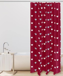 Red Shower Curtain with White and Blue Hearts - Romantic Bathroom Decor