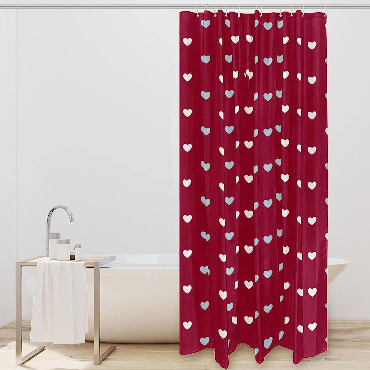 Red Shower Curtain with White and Blue Hearts - Romantic Bathroom Decor