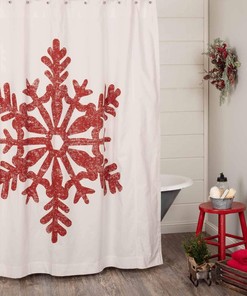 Red Snowflake Christmas Shower Curtain with Snowy Landscape Scene