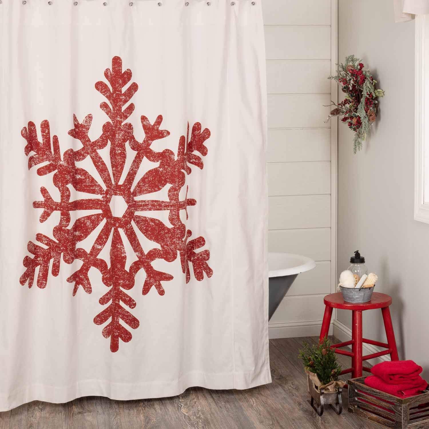 Red Snowflake Christmas Shower Curtain with Snowy Landscape Scene