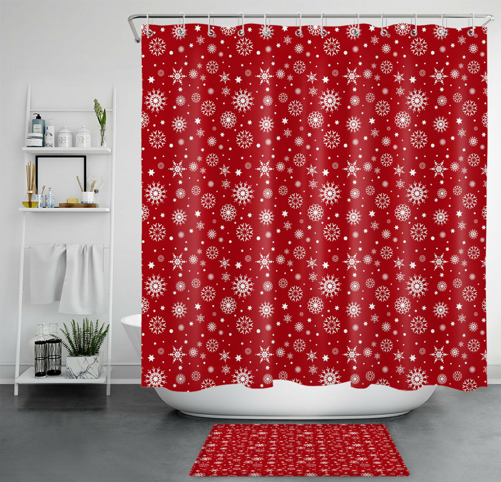 Red Snowflake Print Shower Curtain for Winter Christmas Bathroom Decor