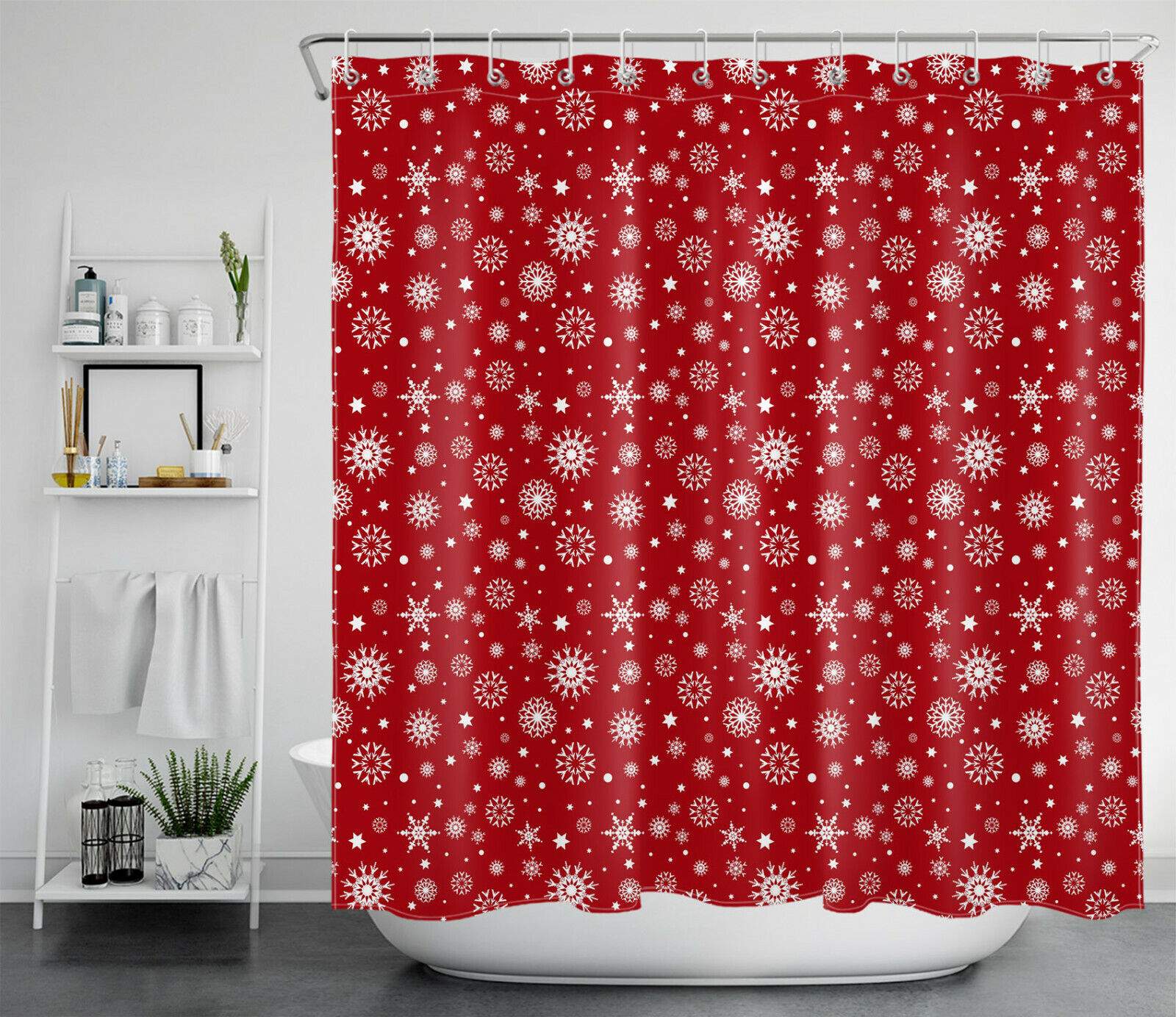 Red Snowflake Print Shower Curtain for Winter Christmas Bathroom Decor