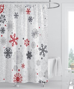Red Snowflakes Christmas Shower Curtain For Winter Home Decoration - Big And Small Snowflakes On Gray Fabric