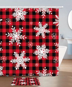 Red Squares and Snowflakes Print Shower Curtain for Bathroom Decor Fabric