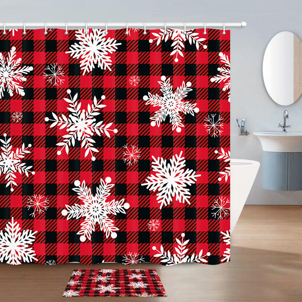 Red Squares and Snowflakes Print Shower Curtain for Bathroom Decor Fabric