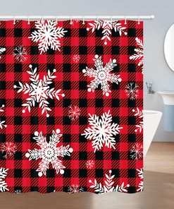 Red Squares and Snowflakes Print Shower Curtain for Bathroom Decor Fabric