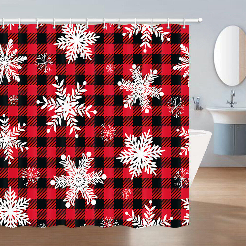 Red Squares and Snowflakes Print Shower Curtain for Bathroom Decor Fabric