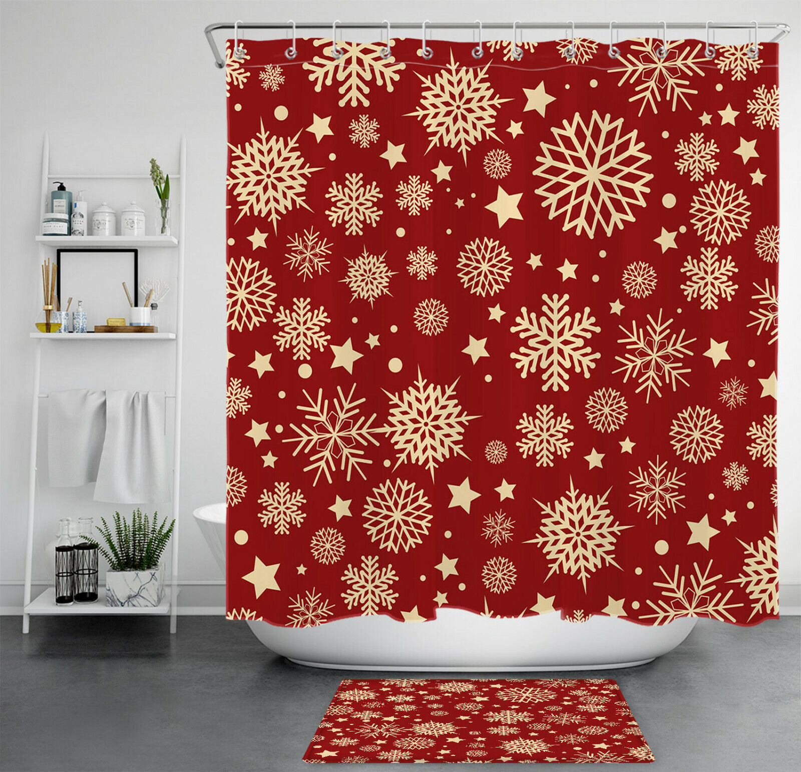 Red Stars Snowflakes Christmas Shower Curtain - Festive Bathroom Decor