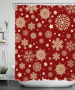 Red Stars Snowflakes Christmas Shower Curtain - Festive Bathroom Decor