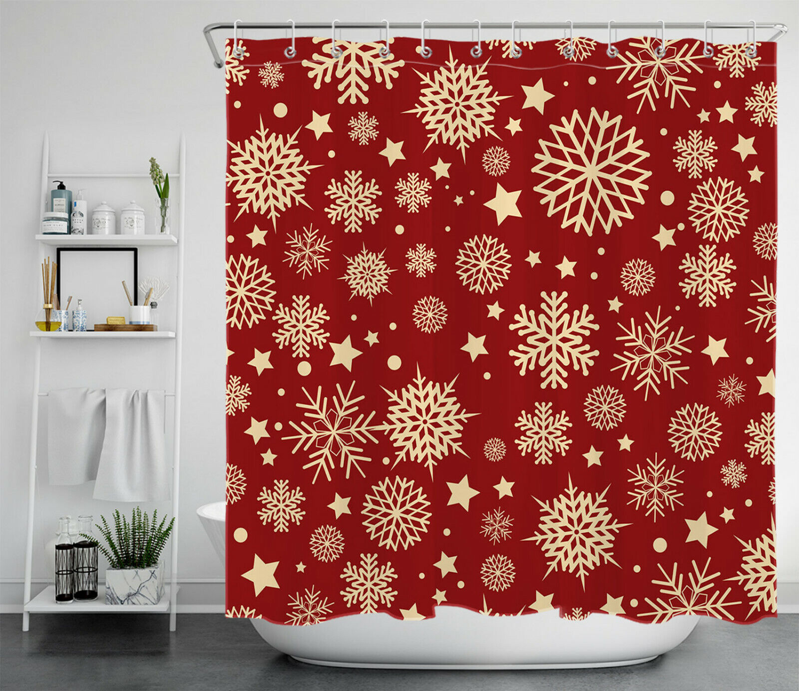 Red Stars Snowflakes Christmas Shower Curtain - Festive Bathroom Decor