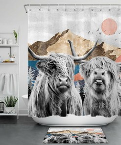 Red Sun Mountain Abstract Highland Cow Shower Curtain For Bathroom Decor