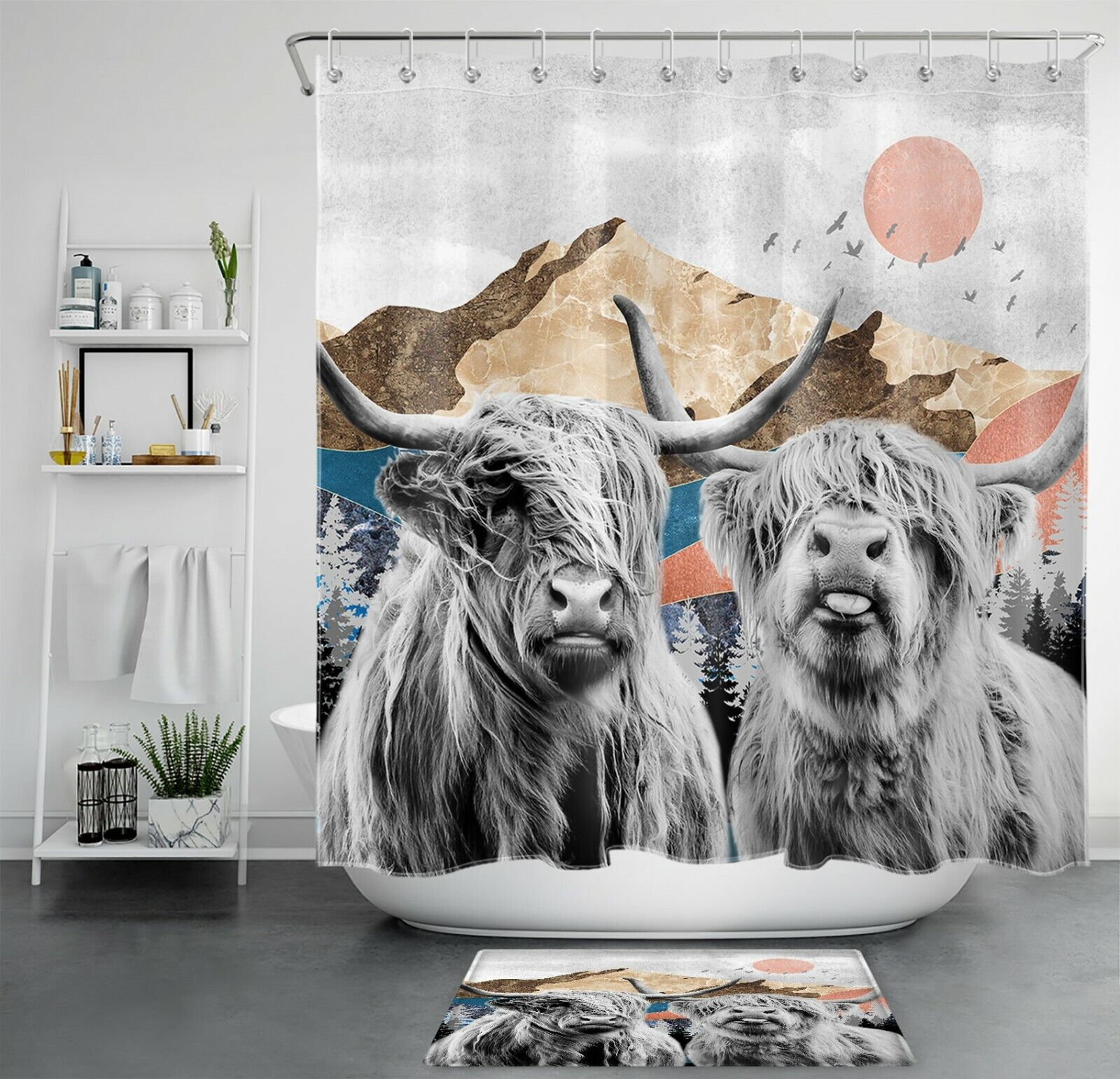 Red Sun Mountain Abstract Highland Cow Shower Curtain For Bathroom Decor