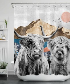 Red Sun Mountain Abstract Highland Cow Shower Curtain For Bathroom Decor