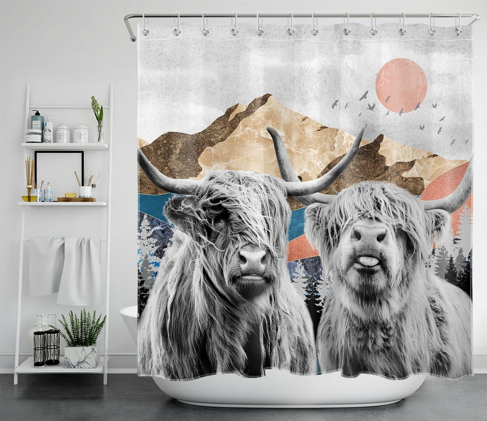 Red Sun Mountain Abstract Highland Cow Shower Curtain For Bathroom Decor