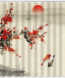 Red Sun Plum Blossom Branch Trees Koi Fish Shower Curtain
