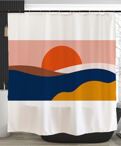 Red Sun Rising Painting Landscape Shower Curtain for Artistic Bathroom Decor