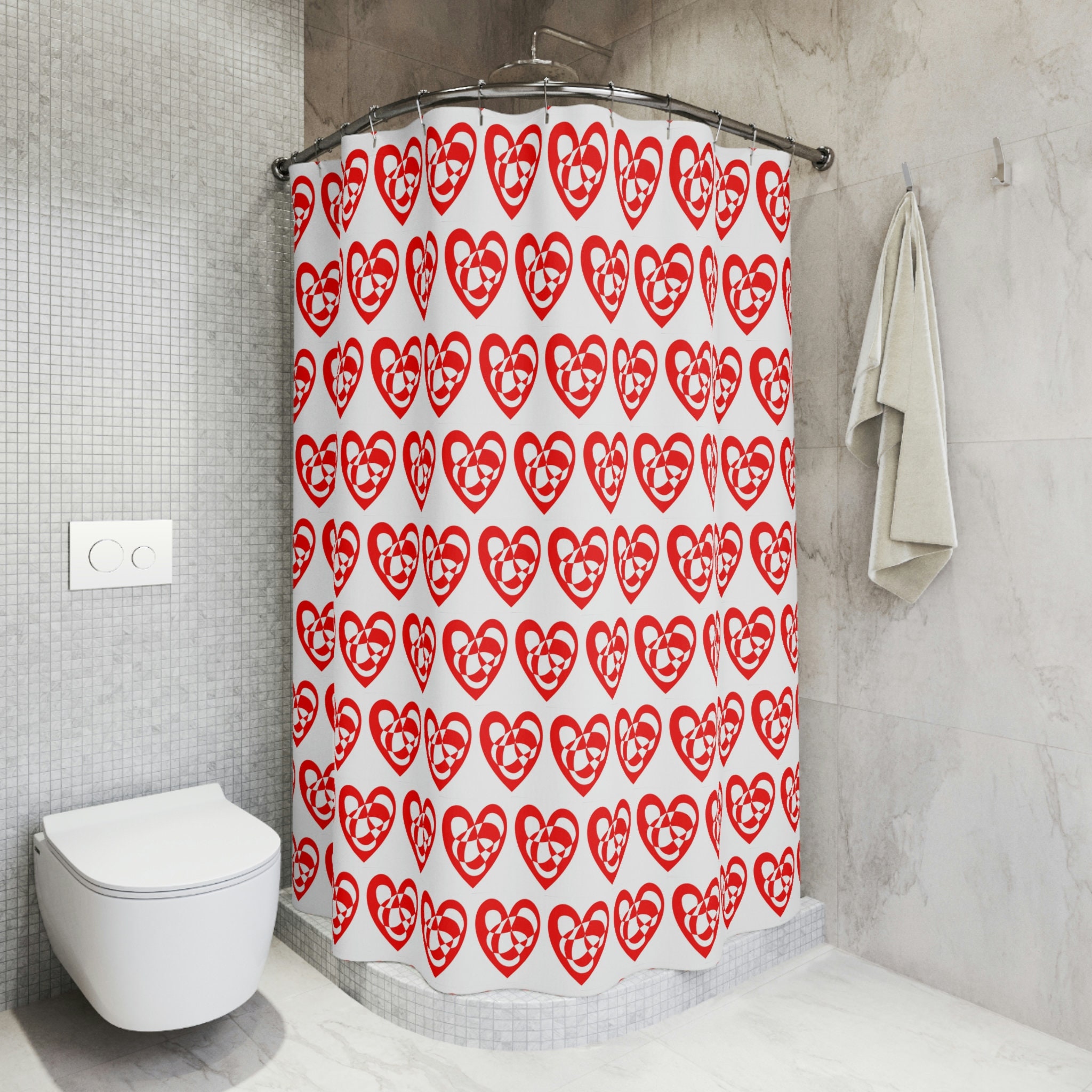 Red Swirls Squiggles Heart Pattern Shower Curtain - Romantic Bathroom Decor