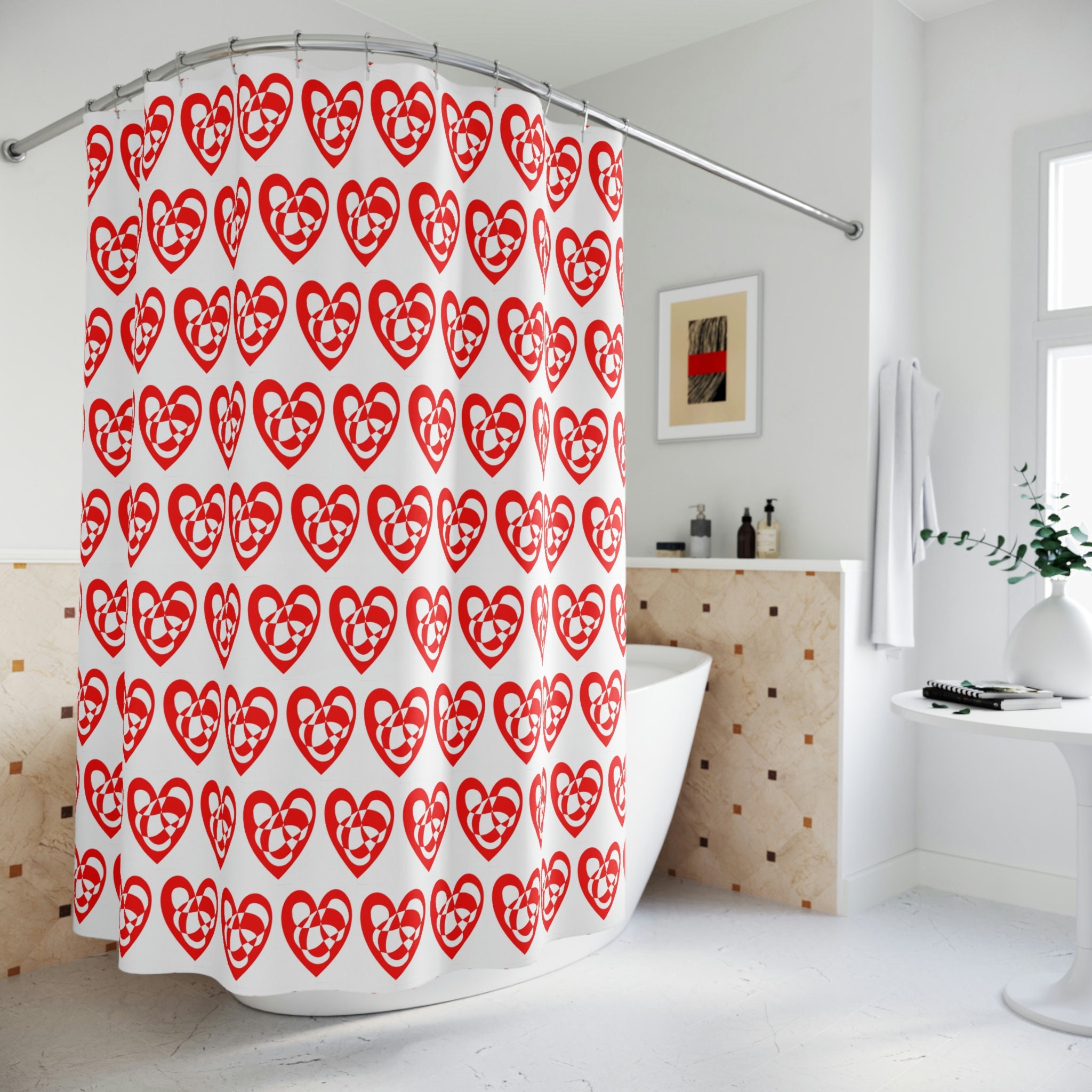 Red Swirls Squiggles Heart Pattern Shower Curtain - Romantic Bathroom Decor