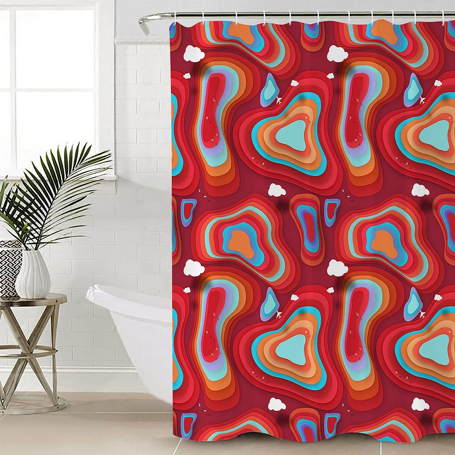 Red Teal Orange Ombre Shower Curtain With Modern Geometric Abstract Art For A Colorful Touch