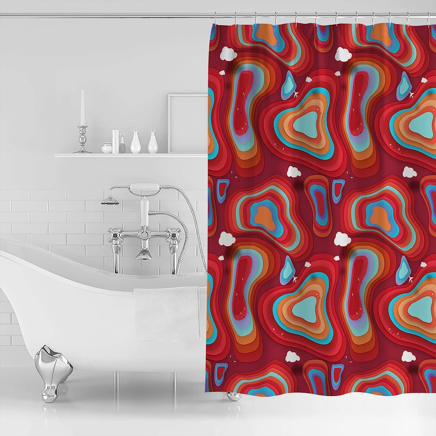 Red Teal Orange Ombre Shower Curtain With Modern Geometric Abstract Art For A Colorful Touch - Image 3