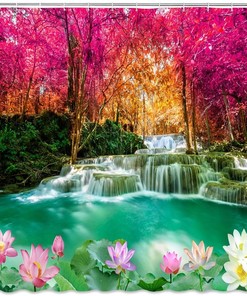 Red Tree Jungle Rainforest Waterfall Lake Pool Flower Lotus Forest Waterfall Shower Curtain For Home Decor