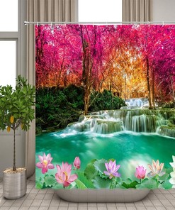 Red Tree Jungle Rainforest Waterfall Lake Pool Flower Lotus Forest Waterfall Shower Curtain For Home Decor