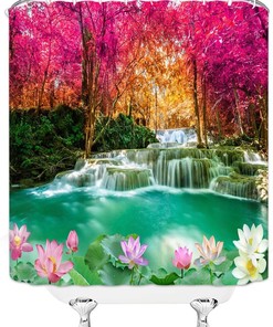 Red Tree Jungle Rainforest Waterfall Lake Pool Flower Lotus Forest Waterfall Shower Curtain For Home Decor
