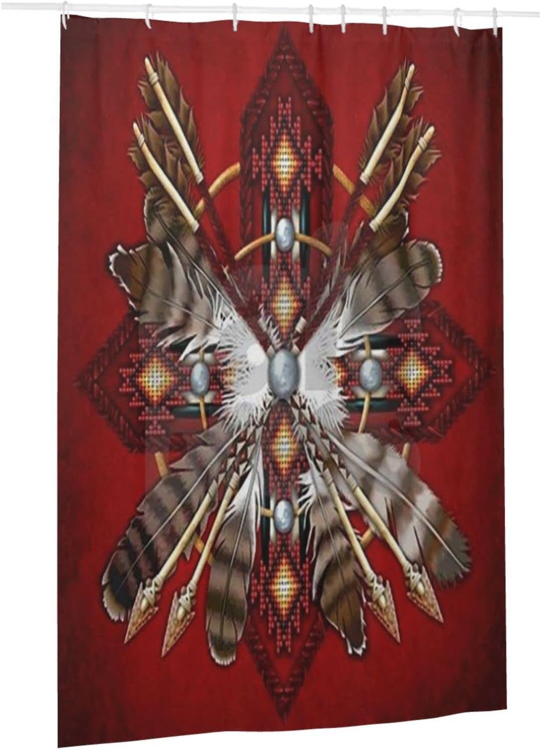 Red Tribal Feather Shower Curtain - Native American Bathroom Decor