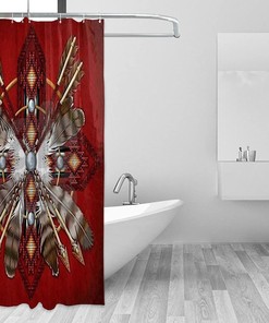 Red Tribal Feather Shower Curtain - Native American Bathroom Decor