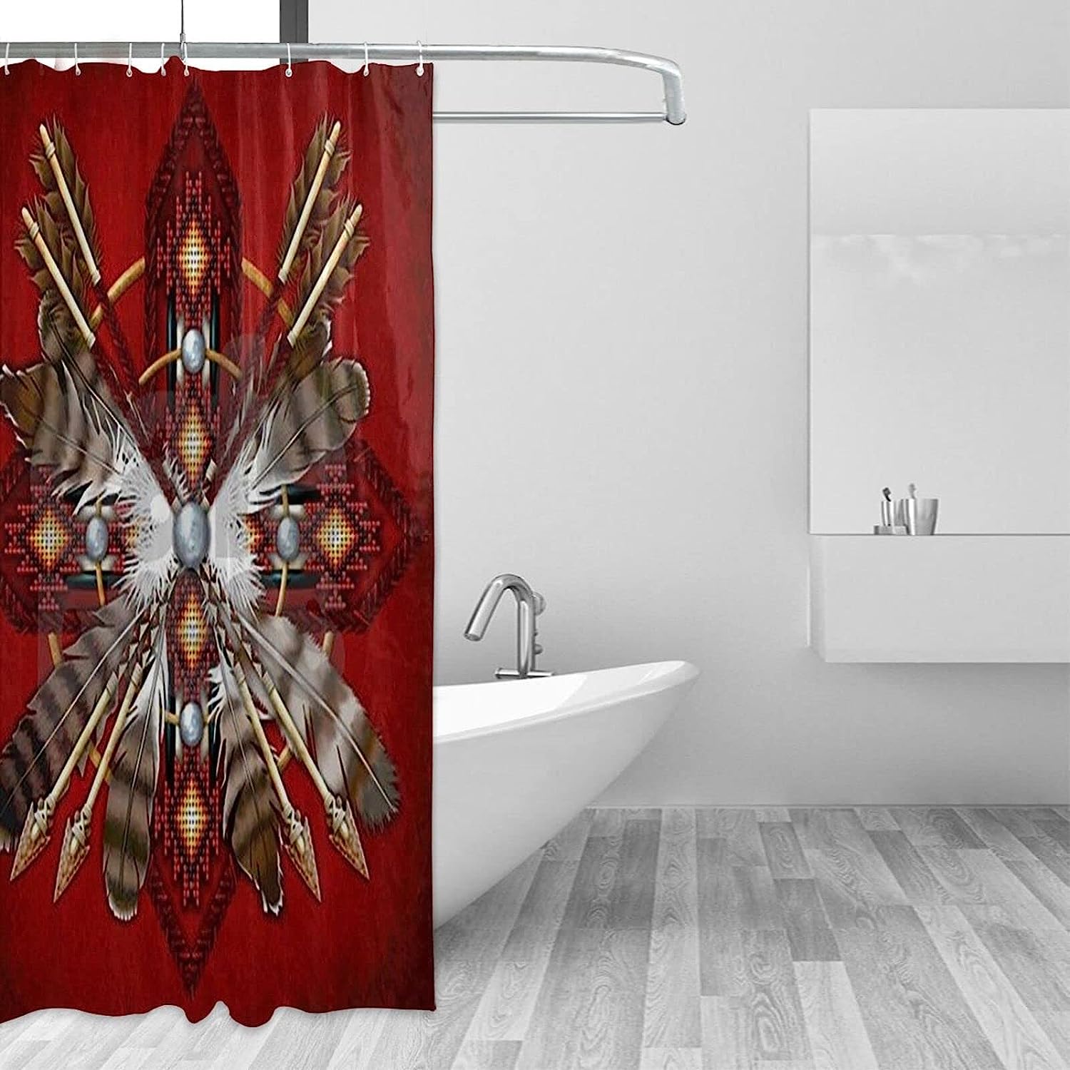 Red Tribal Feather Shower Curtain - Native American Bathroom Decor