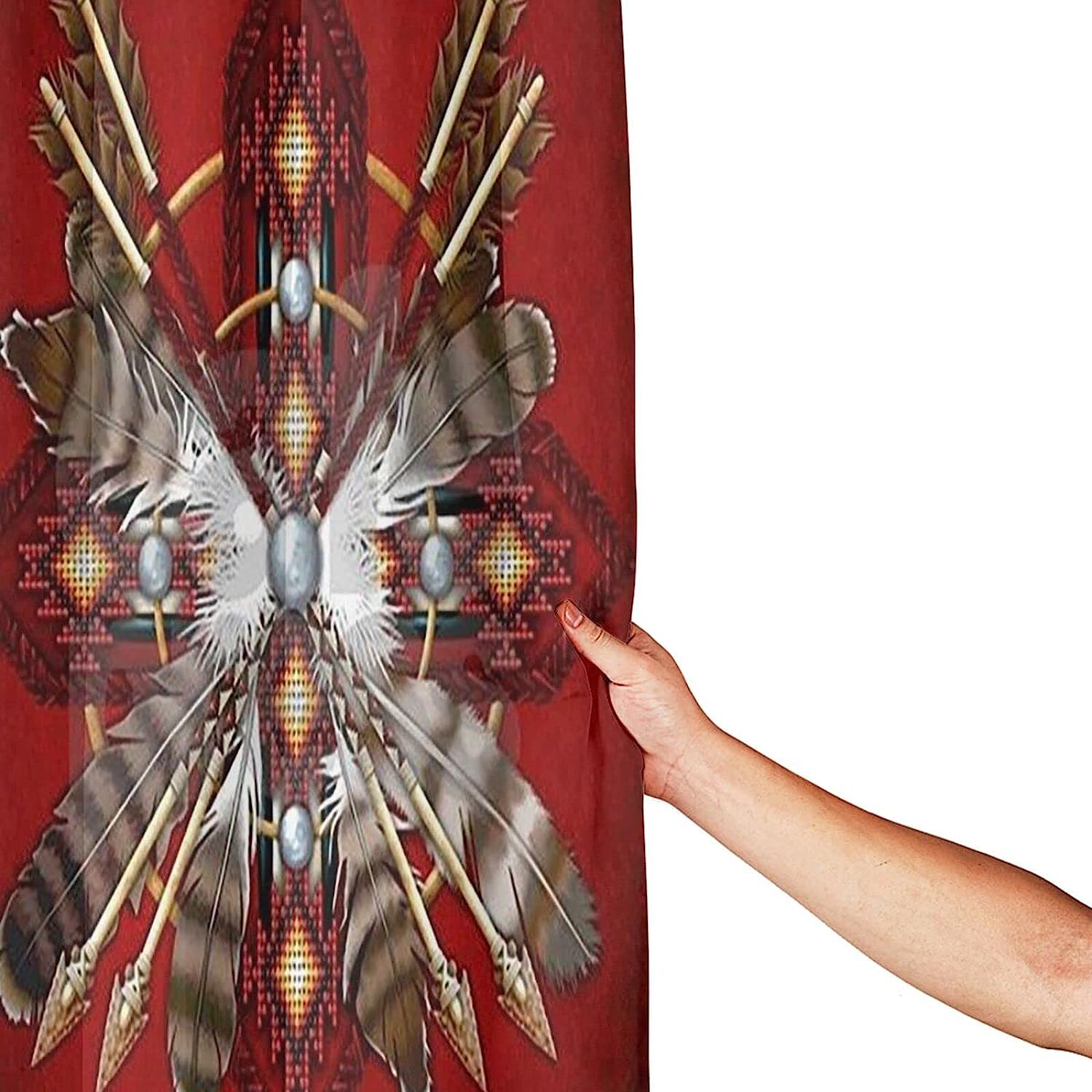 Red Tribal Feather Shower Curtain - Native American Bathroom Decor