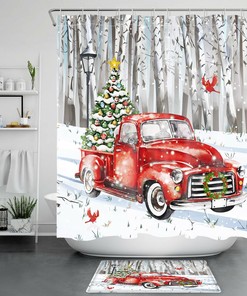 Red Truck Cardinals Snowman Christmas Tree Shower Curtain For A Cute Bathroom Decor