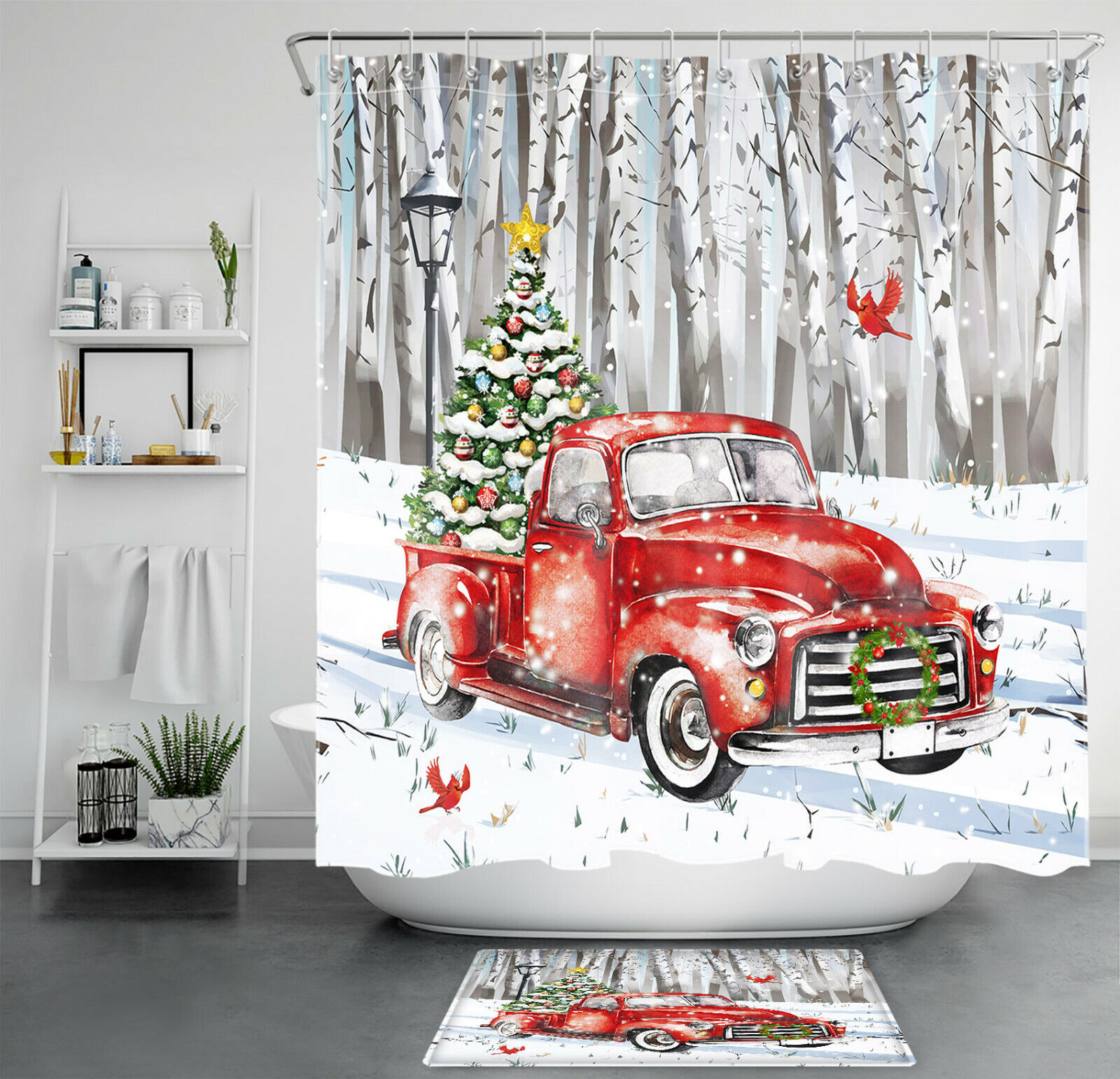 Red Truck Cardinals Snowman Christmas Tree Shower Curtain For A Cute Bathroom Decor