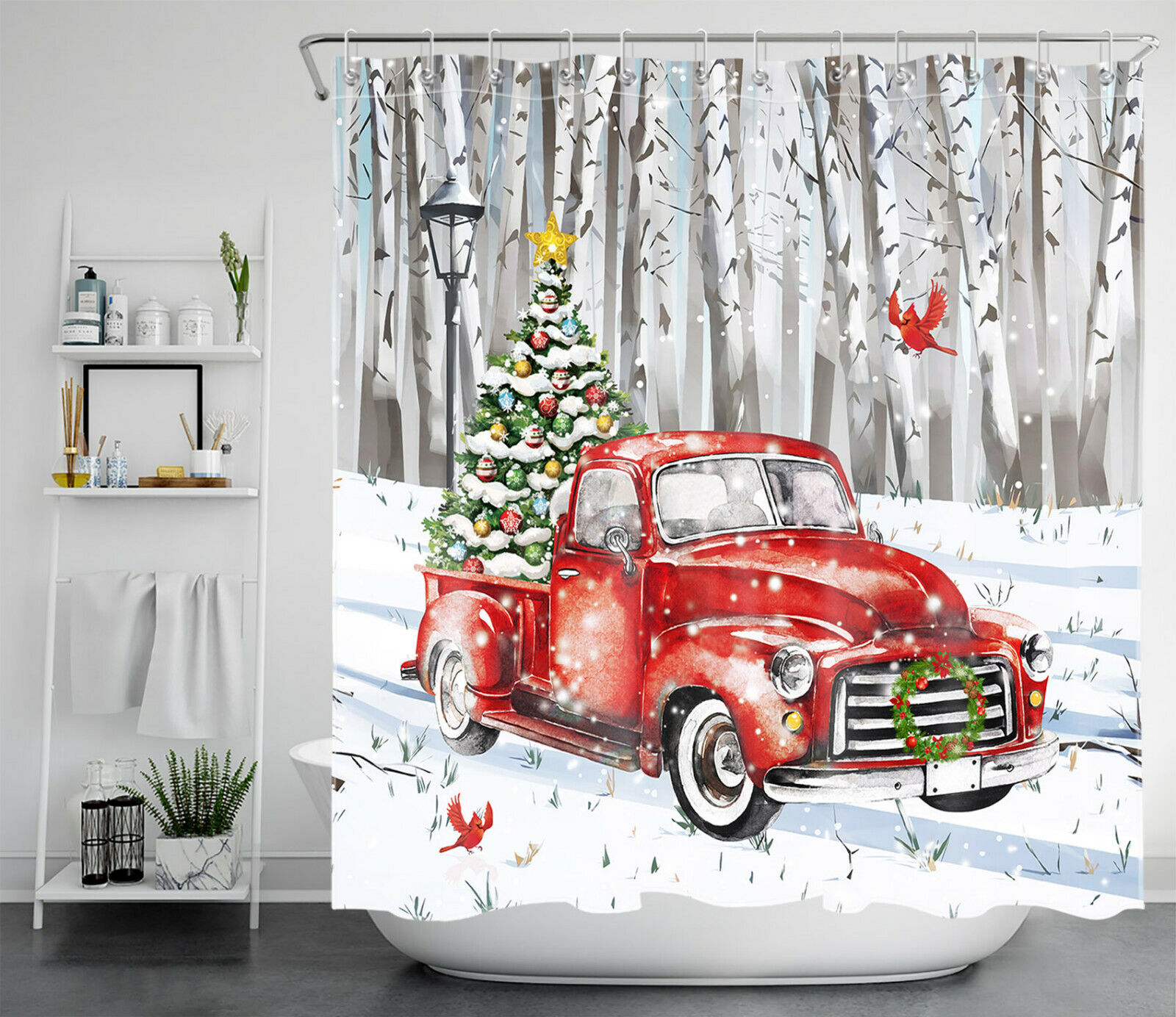 Red Truck Cardinals Snowman Christmas Tree Shower Curtain For A Cute Bathroom Decor - Image 2