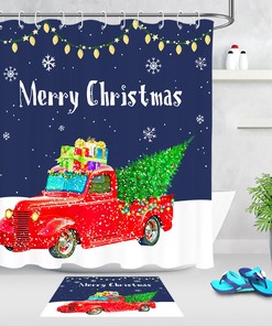 Red Truck Carrying Gifts And Snowflakes Print Fabric Shower Curtain For Festive Bathroom Decor