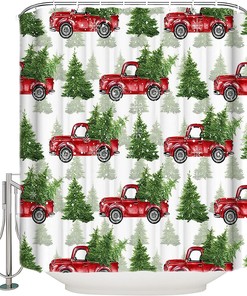 Red Truck Farmhouse Snowflake Xmas Tree Shower Curtain For Christmas