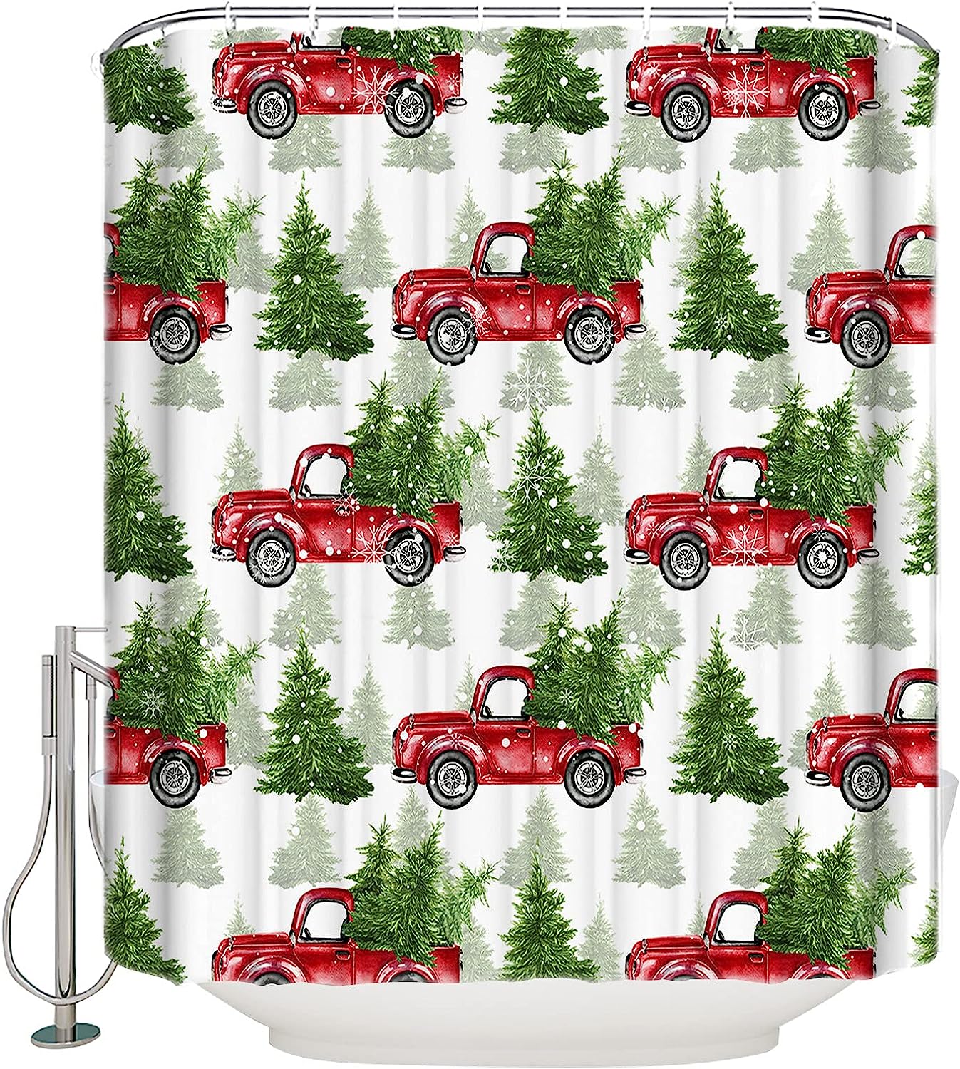 Red Truck Farmhouse Snowflake Xmas Tree Shower Curtain For Christmas