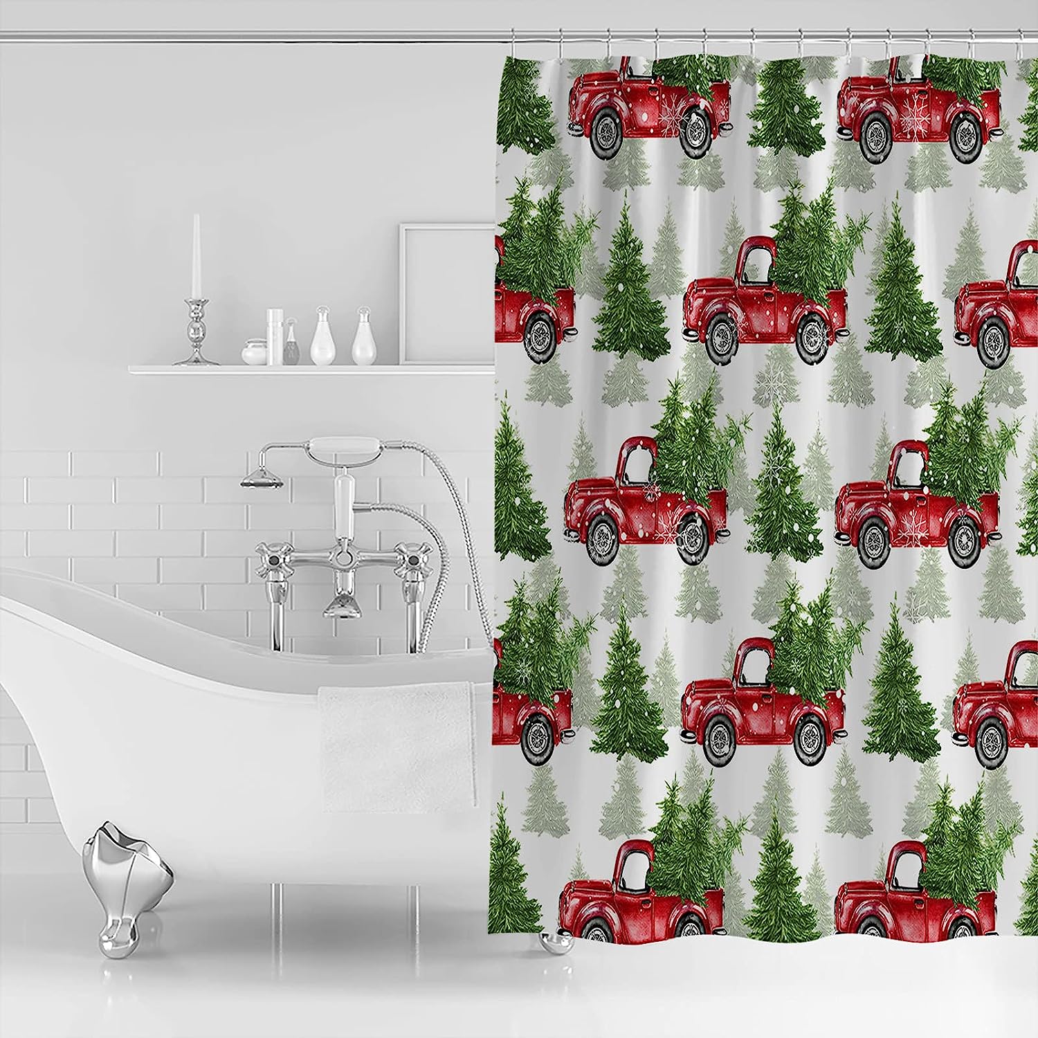 Red Truck Farmhouse Snowflake Xmas Tree Shower Curtain For Christmas - Image 2