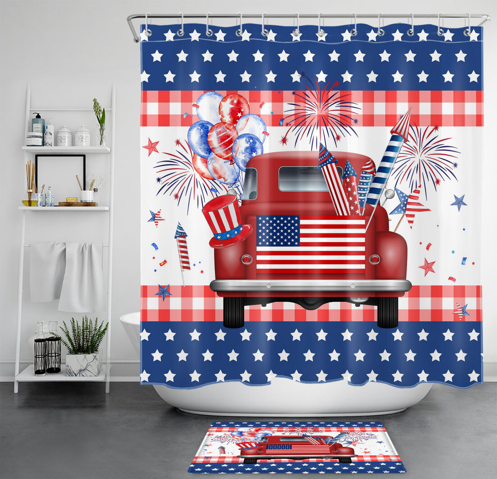 Red Truck Independence Day Shower Curtain For Bathroom Decor