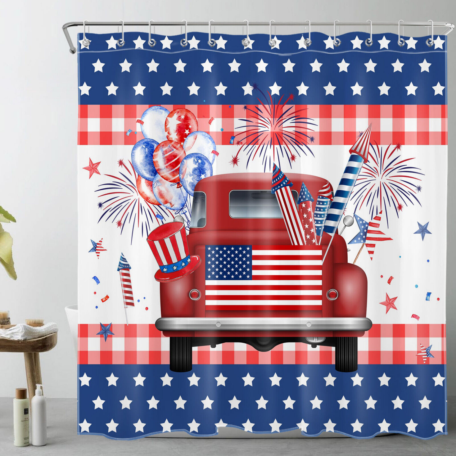 Red Truck Independence Day Shower Curtain For Bathroom Decor - Image 2