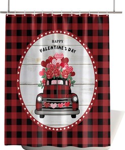 Red Truck Rose Floral Heart Plaid Valentine'S Day Shower Curtain For A Rustic Bathroom